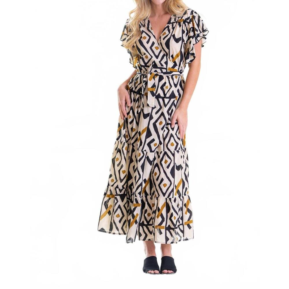 NEW CIENNA monifa frill wrap dress in black/cream/gold